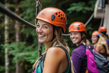 friends gearing up for an adventure, smiling with excitement before taking off on the zip line