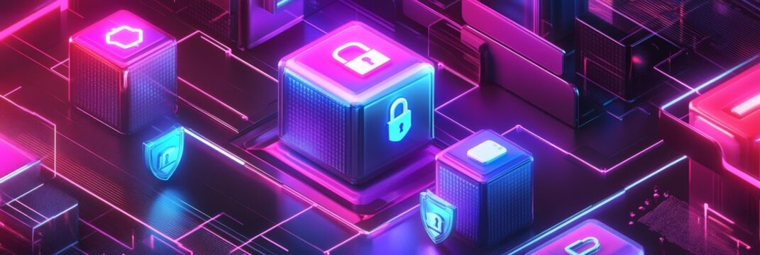 A colorful image of a computer network with a blue lock on a cube