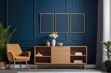 Mockup frame on cabinet in living room interior on empty dark blue wall background