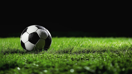 Fototapeta premium Soccer ball rests on green field illuminated by focused lighting creating strong contrast with dark background. Image highlights ball texture and vibrant grass emphasizing simplicity of scene