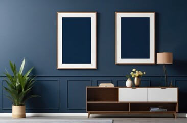 Mockup frame on cabinet in living room interior on empty dark blue wall background