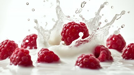 A splash of milk with raspberries creates a dynamic and fresh visual.