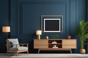 Mockup frame on cabinet in living room interior on empty dark blue wall background