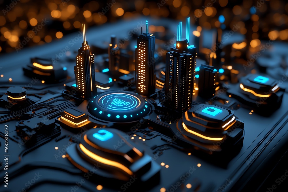 Poster futuristic cityscape composed of glowing buildings and circuits, showcasing a vibrant urban design u
