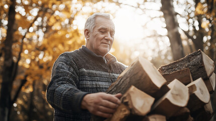 Elderly man carrying chopped firewood outdoors during a sunny autumn day. The man is dressed warmly in a sweater, surrounded by golden leaves in a peaceful forest setting. - Powered by Adobe