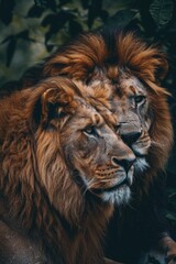 Fototapeta premium Two lions resting together, a moment of relaxation and companionship