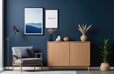 Mockup frame on cabinet in living room interior on empty dark blue wall background