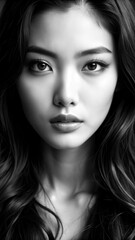 Fototapeta premium A close-up portrait of a woman with flowing hair showcasing emotional depth in black and white. Generative AI