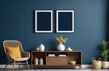 Mockup frame on cabinet in living room interior on empty dark blue wall background