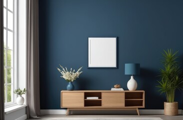 Mockup frame on cabinet in living room interior on empty dark blue wall background