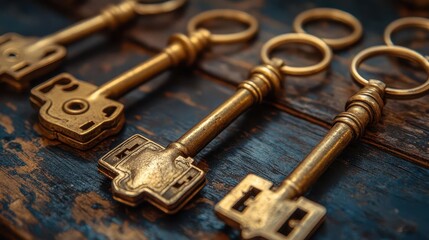vintage brass keys artfully arranged on weathered wooden table soft window light illuminating intricate details evoking nostalgia and mystery of new beginnings