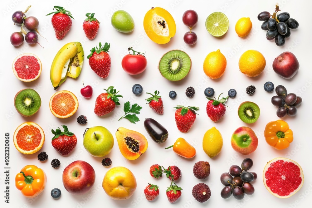 Poster colorful arrangement of various fruits and vegetables in a circular pattern, ideal for health and we