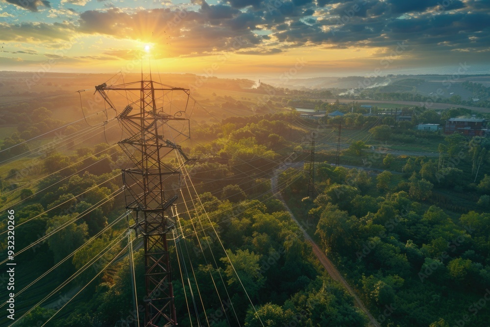 Poster aerial view of power lines amidst a tree-lined landscape