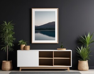 Mockup frame on cabinet in living room interior on empty dark wall background