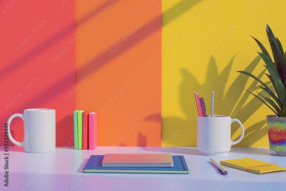 Poster a person works at their desk with a cup of coffee and a notebook, great for office or home use
