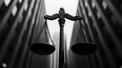 Scales of justice stand tall against a backdrop of towering buildings, symbolizing the balance of law and order.