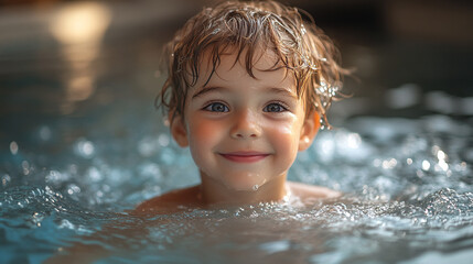 Fototapeta premium Photo of smiling Little boy swimming in the pool close-up