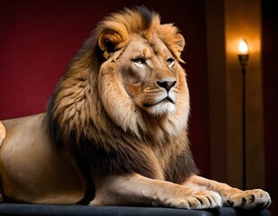 Obraz premium Majestic lion resting gracefully on a black surface indoors