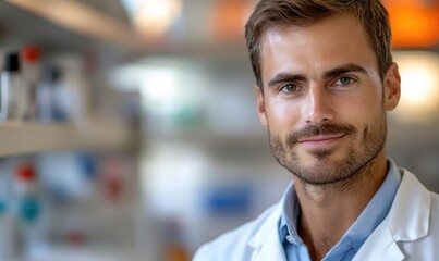 Obraz premium Male Scientist in a Vivid Lab Background: Focused Research and Innovation