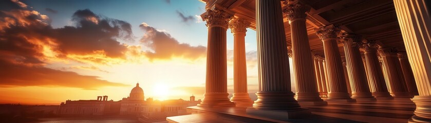 Obraz premium Roman architecture with grand columns and intricate carvings, captured at dusk, Classical, Warm Tones, Architectural
