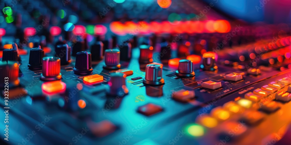 Aufkleber a close-up view of a sound board with colorful lights, perfect for use in presentations or exhibitio