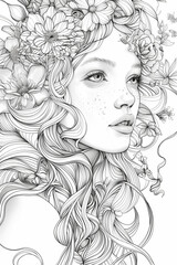 Fototapeta premium Black and white outline adult coloring book page, featuring fantasy character among flowers.