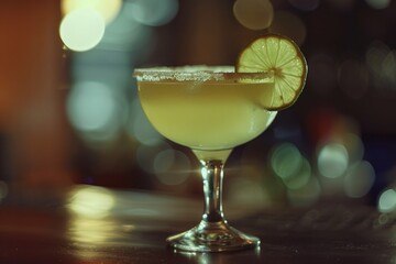 A glass filled with a drink sitting on a wooden table