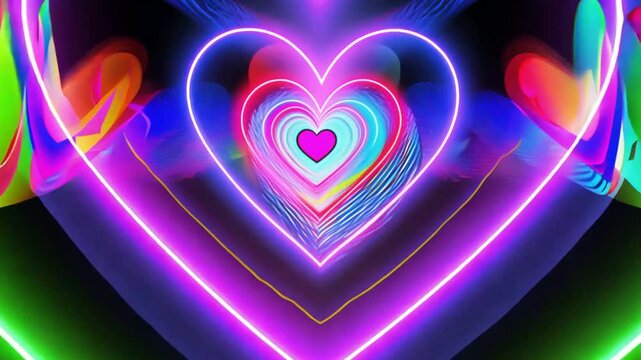 A vibrant digital illustration of multiple neon hearts layered in a colorful and symmetrical pattern. 
