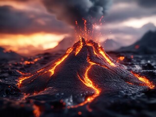 Volcanic eruption with lava flowing and ash clouds rising, captured in dramatic lighting, Natural Disaster, High Detail, Cinematic