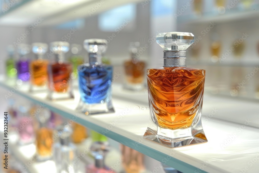 Poster Row of perfume bottles sitting on a shelf, ideal for use in ads, product promotions or editorial content
