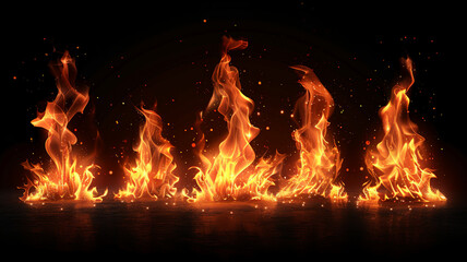 Intense fire flames dancing against a dark black background	