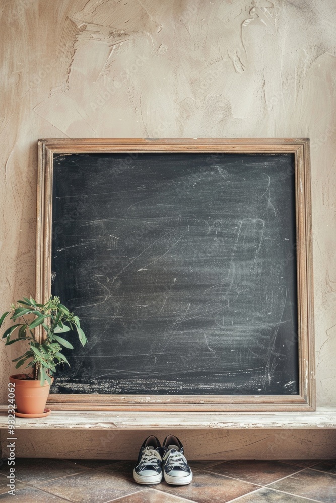 Poster a pair of shoes sitting next to a blackboard, a simple scene with educational connotations