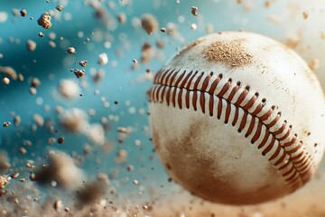 Close up at a baseball in flight swirling up sand.