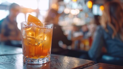 A clear glass filled with orange juice sits atop a wooden table, perfect for a casual breakfast or brunch