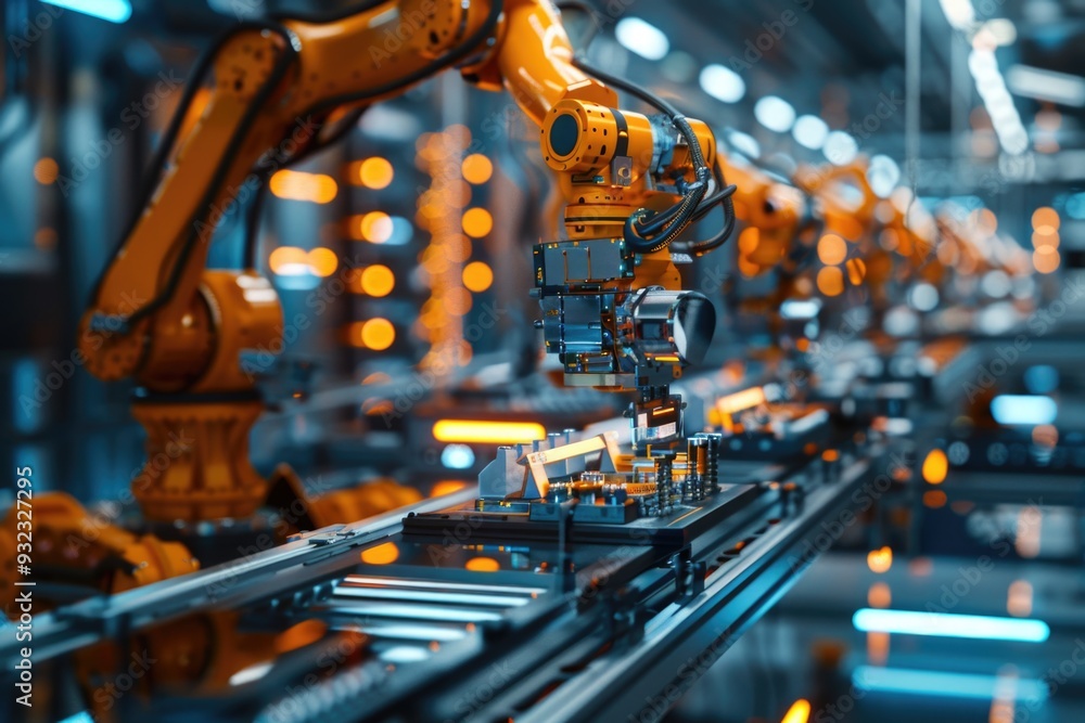 Poster Robots working on a conveyor belt in an industrial factory setting