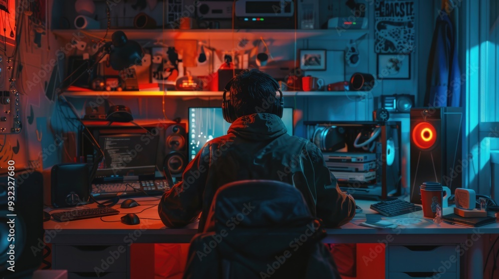 Aufkleber a person sits in front of a computer, likely working or studying