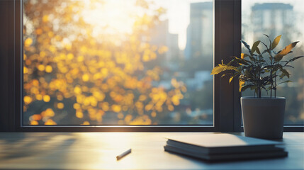 Close up of modern workplace with notepad and plant on windowsill