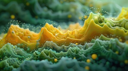 Produce a high-resolution abstract microscopic landscape with yellow and green formations. Ensure the visualization captures both scientific detail and artistic creativity