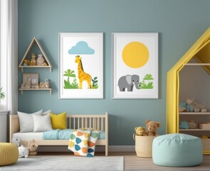 Mock up poster frame in children room,kids room,nursery mockup