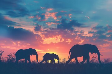 Fototapeta premium Elephants stroll through the savannah during a stunning sunset, with colorful skies creating a dramatic backdrop for their journey. Generative AI