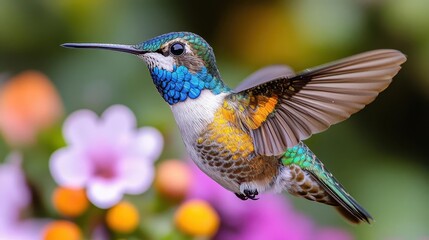 Fototapeta premium a dazzling hummingbird hovers midflight its iridescent plumage shimmering against pure white wings blur in motion capturing the grace and energy of this tiny avian wonder