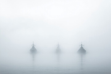 Fototapeta premium Three ships are in the foggy water