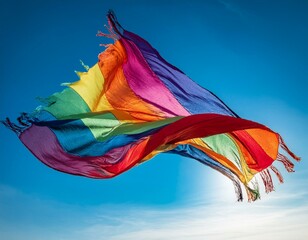 A billowing, colorful scarf floating in mid-air against a backdrop of a clear blue sky