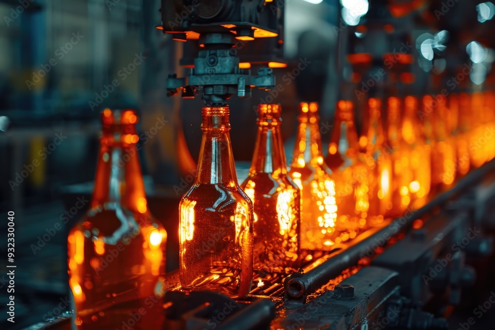 Poster a row of beer bottles moving along a factory production line