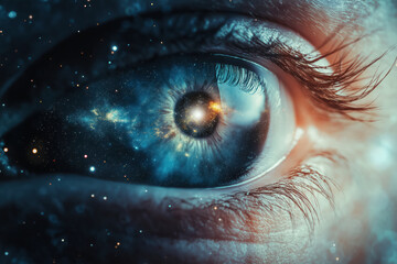 A person's eye is shown with a blue background and stars