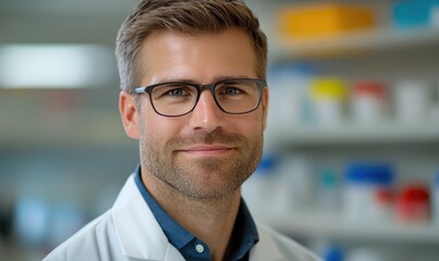 Fototapeta premium Male Scientist in a Vivid Lab Background: Focused Research and Innovation