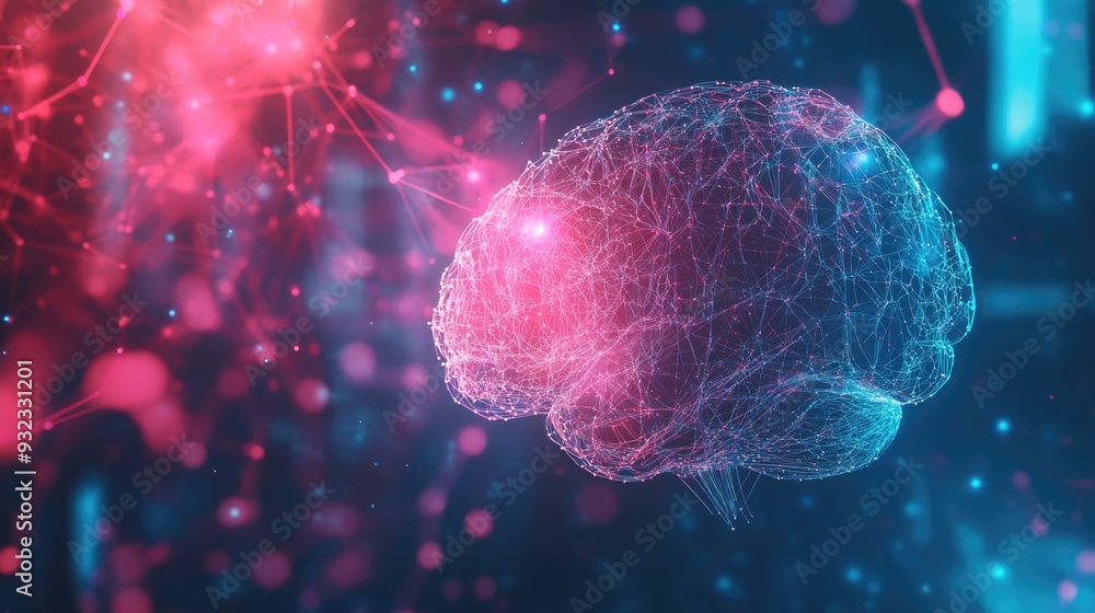 Poster 2d illustration depicting a concept of thought with a brain backdrop representing abstract artificia
