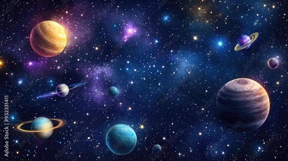 Poster 2d illustration featuring a realistic star pattern background in deep space brightly flashing stars 