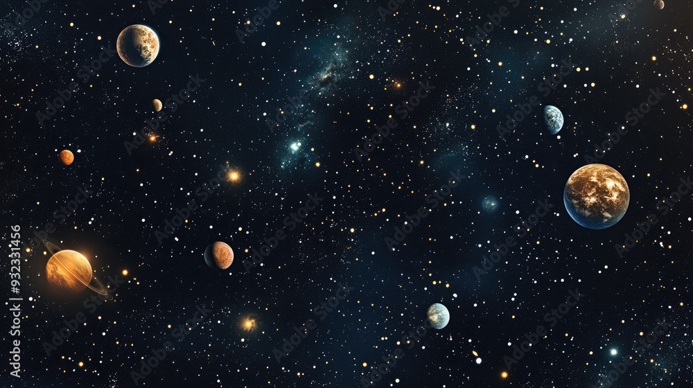 Poster 2d illustration featuring a realistic star pattern set in deep space includes various celestial elem