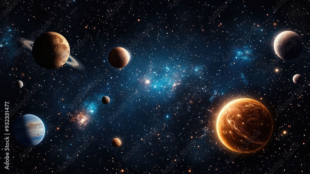 Poster 2d illustration featuring a realistic star pattern set in deep space includes various celestial elem